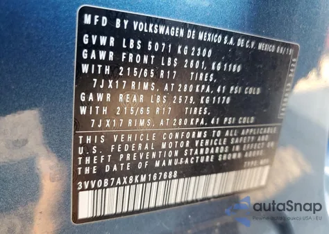 2019 Volkswagen Tiguan S из США, поврежденный, VIN 3VV0B7AX8KM167688